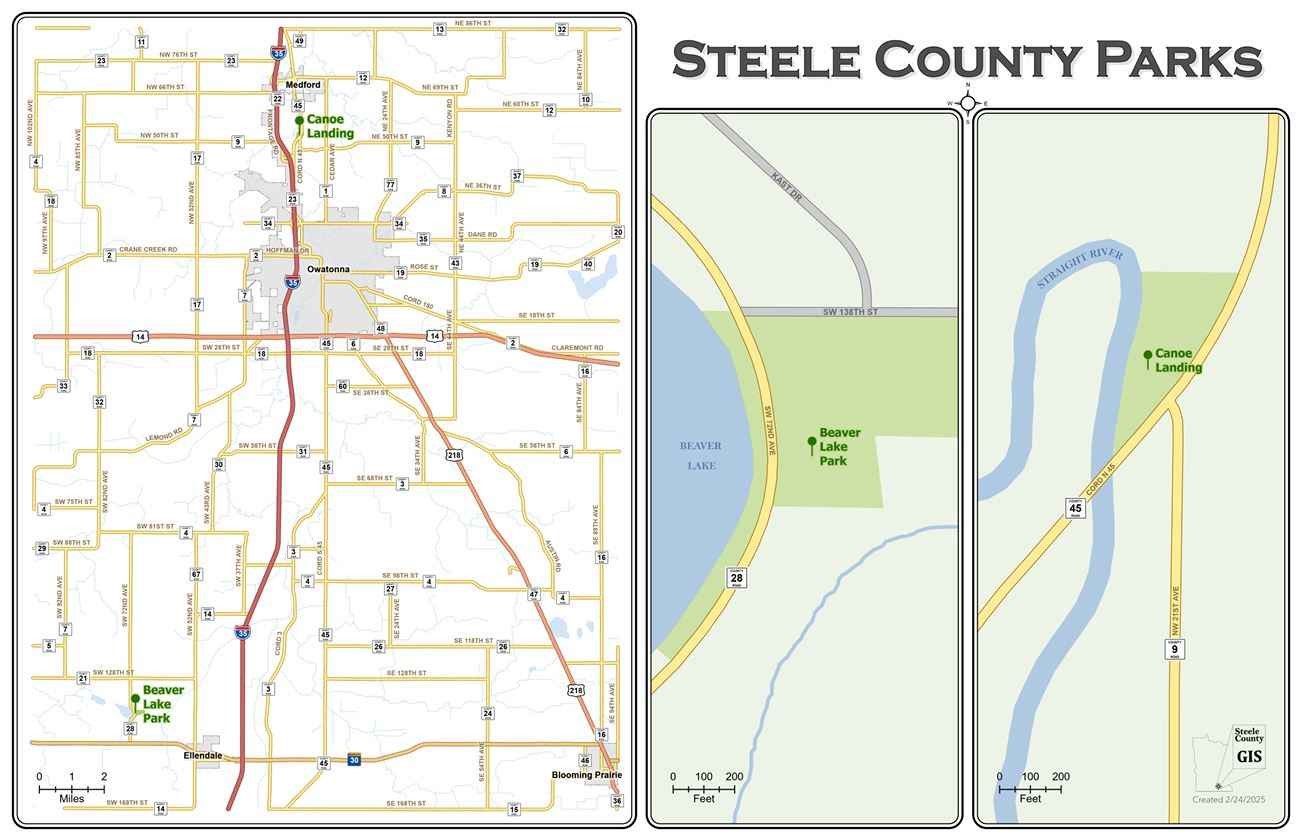 A simple map showing Steele County, Minnesota, with highlighted locations for Beaver Lake Park and Canoe Landing, plus close‑up views of each area.